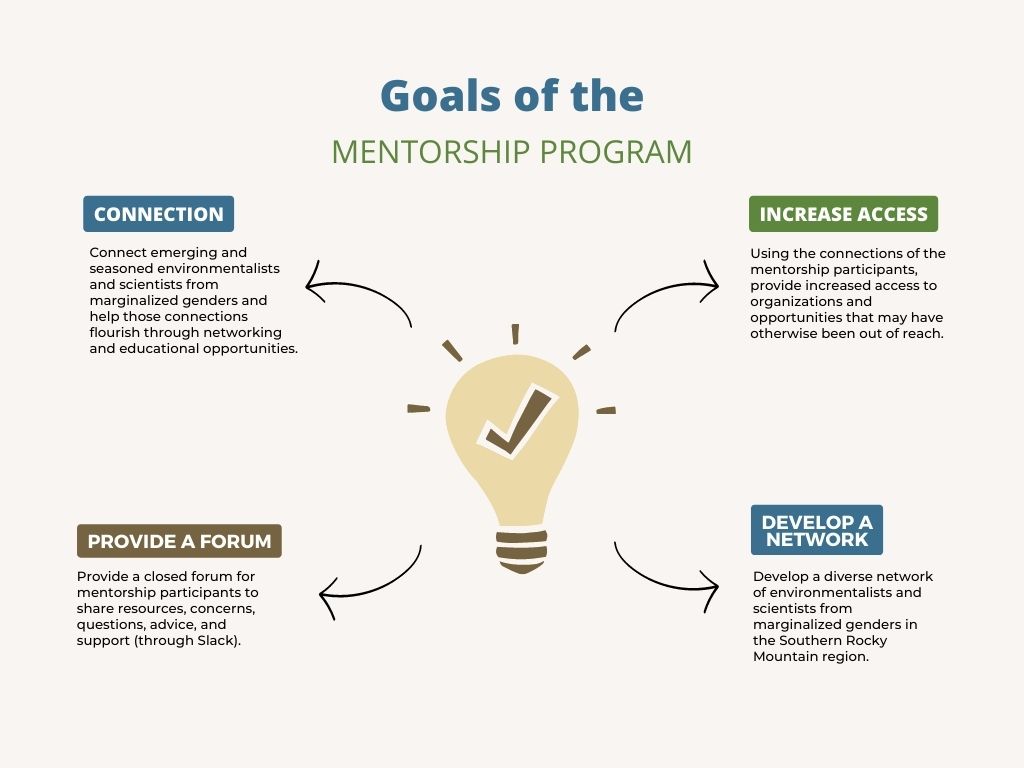 An infographic showing the goals of the Mentorship Program which are connection, increased access, provide a forum, and develop a network