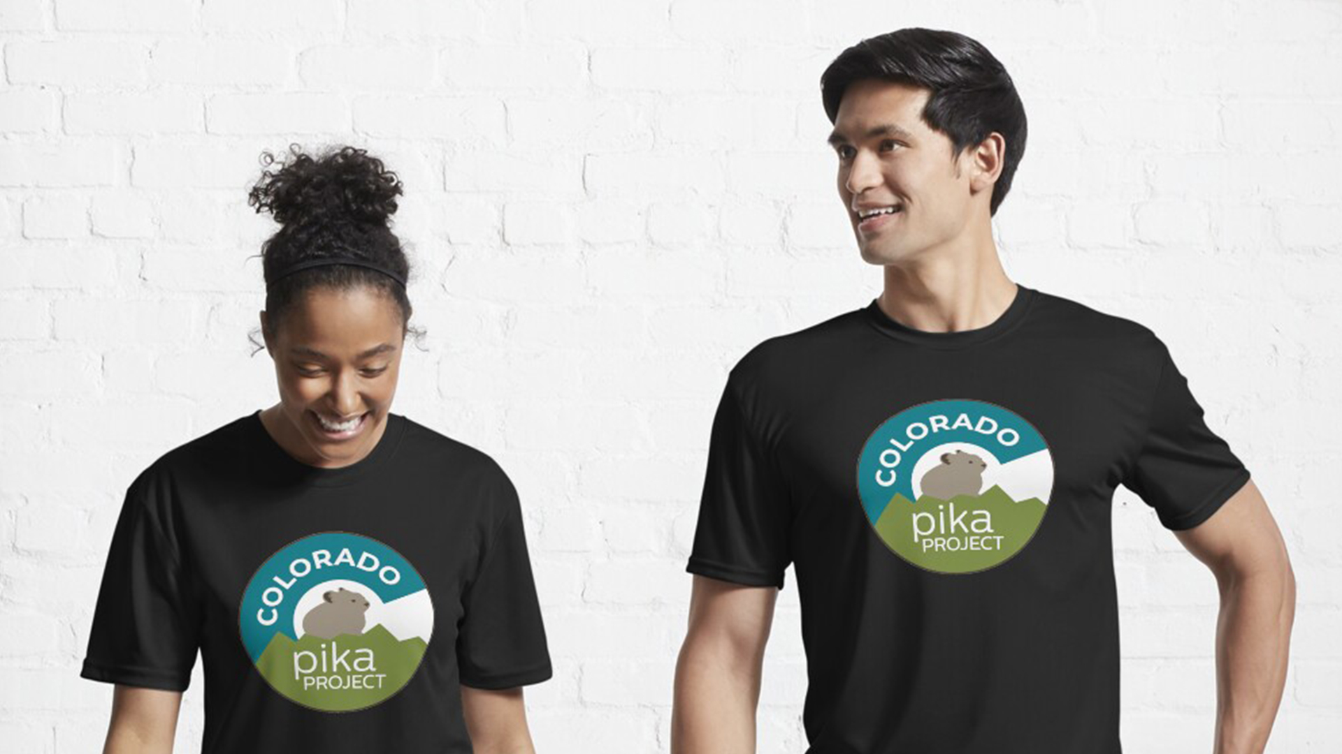Two individuals wearing Colorado Pika project tees